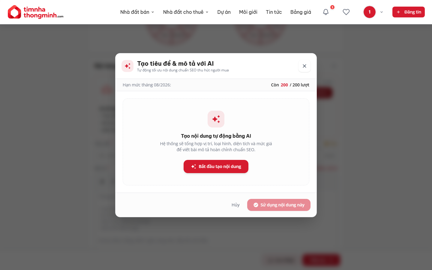 Modal tạo tiêu đề và mô tả với AI