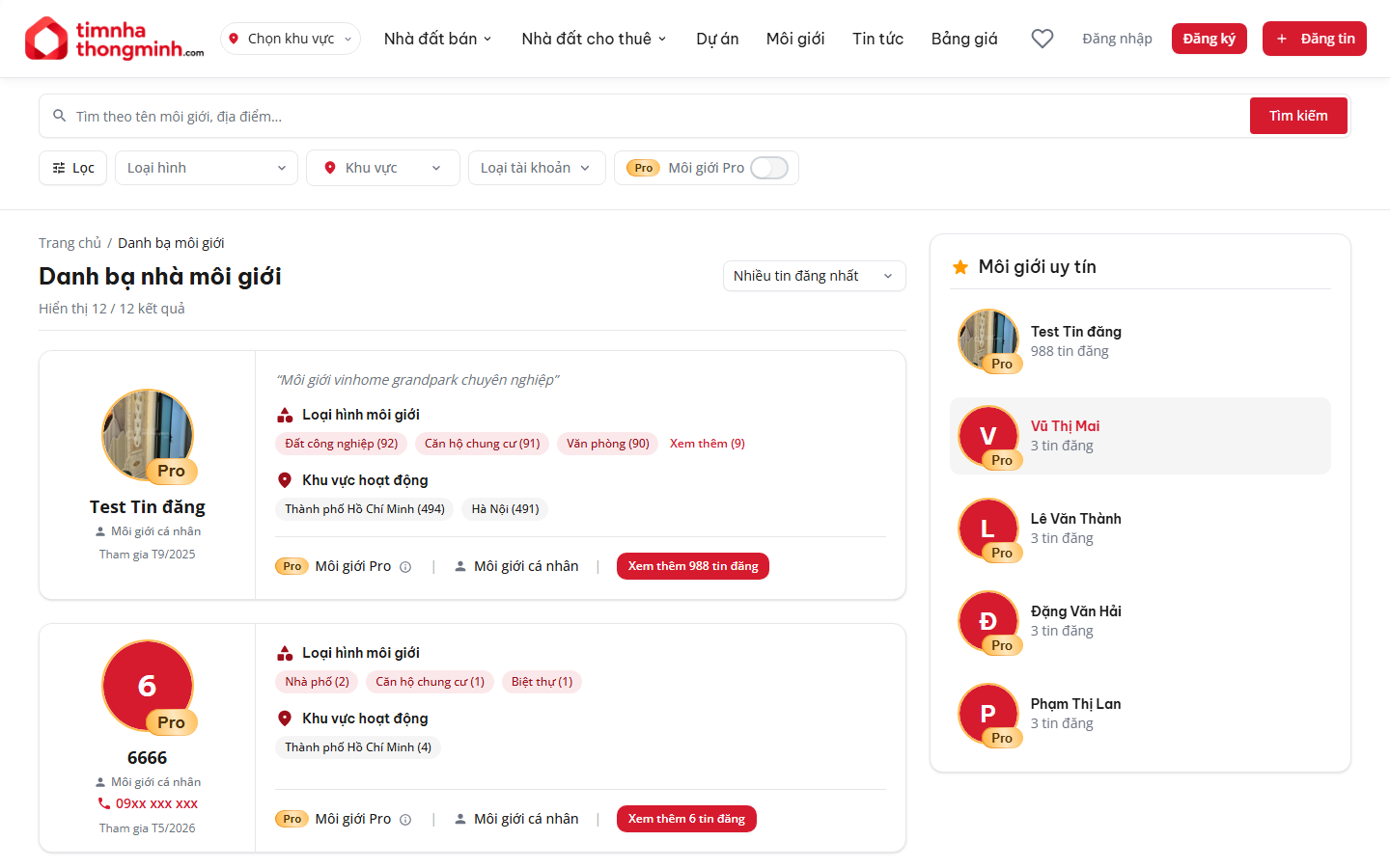Trang danh sách môi giới