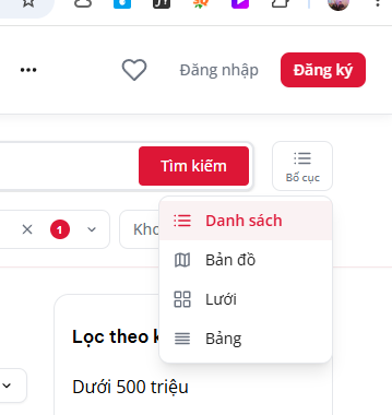Menu chọn bố cục trên trang danh sách bất động sản