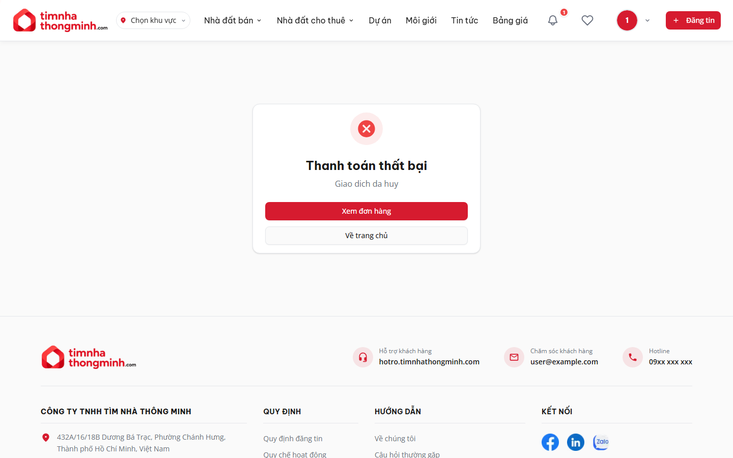 Màn hình callback khi giao dịch MoMo bị hủy hoặc thất bại