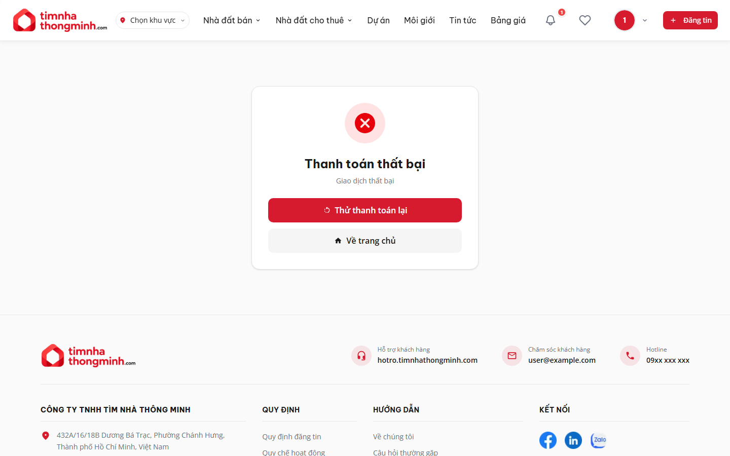 Trang kết quả khi thanh toán thất bại