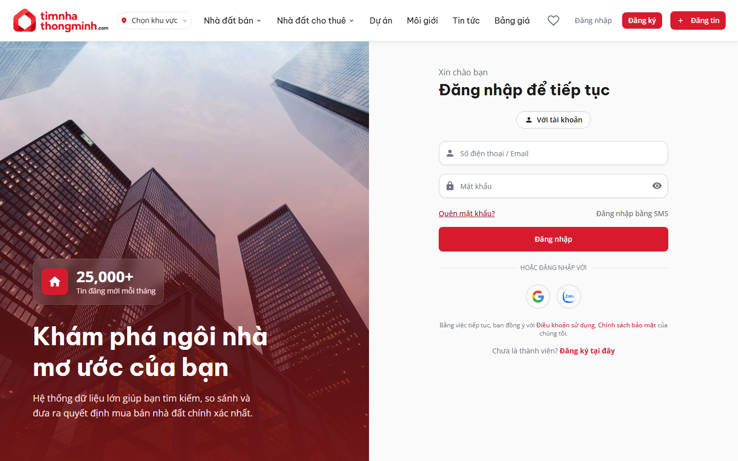 Trang đăng nhập bằng tài khoản, OTP hoặc mạng xã hội