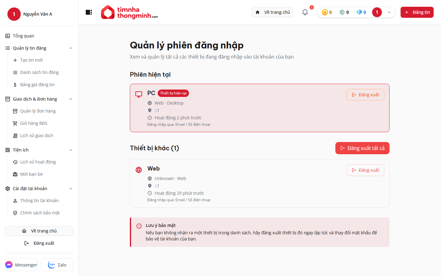 Danh sách phiên đăng nhập đang hoạt động