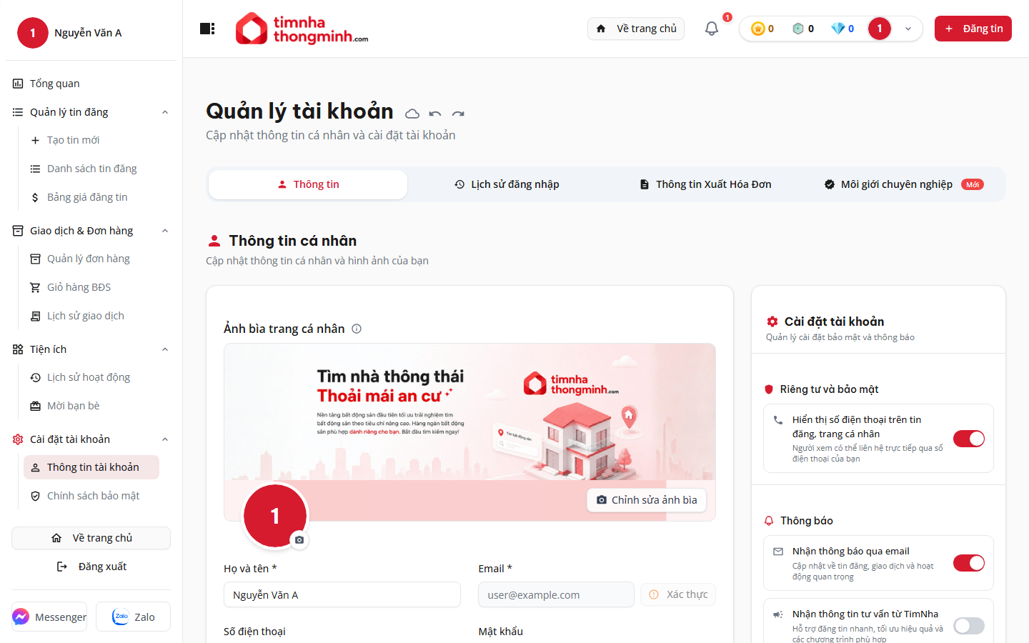 Trang quản lý thông tin và cài đặt tài khoản
