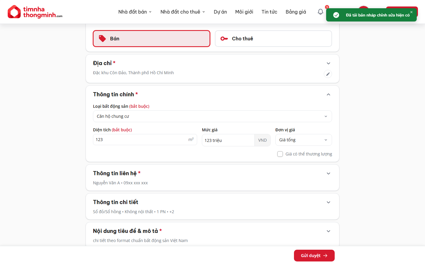 Form sửa tin với dữ liệu hiện tại được điền sẵn