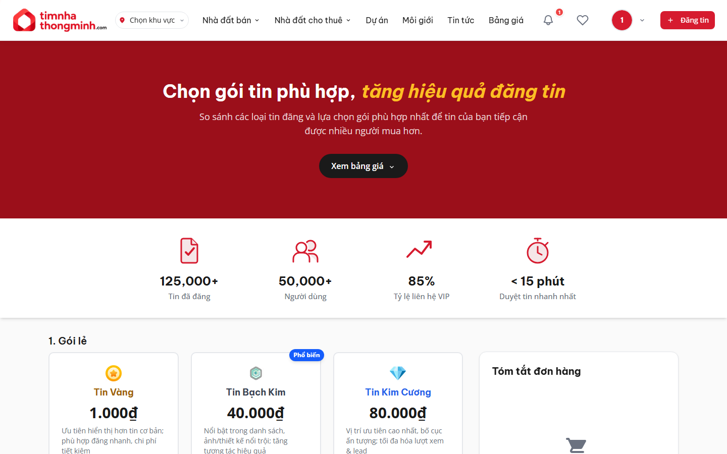 Trang bảng giá để chọn gói tin trước khi thanh toán