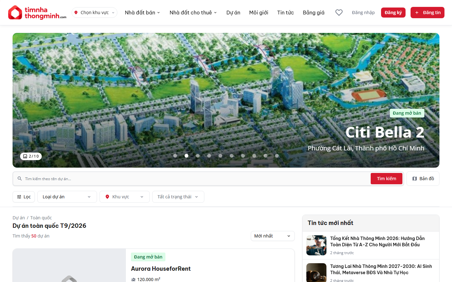 Trang danh sách dự án bất động sản